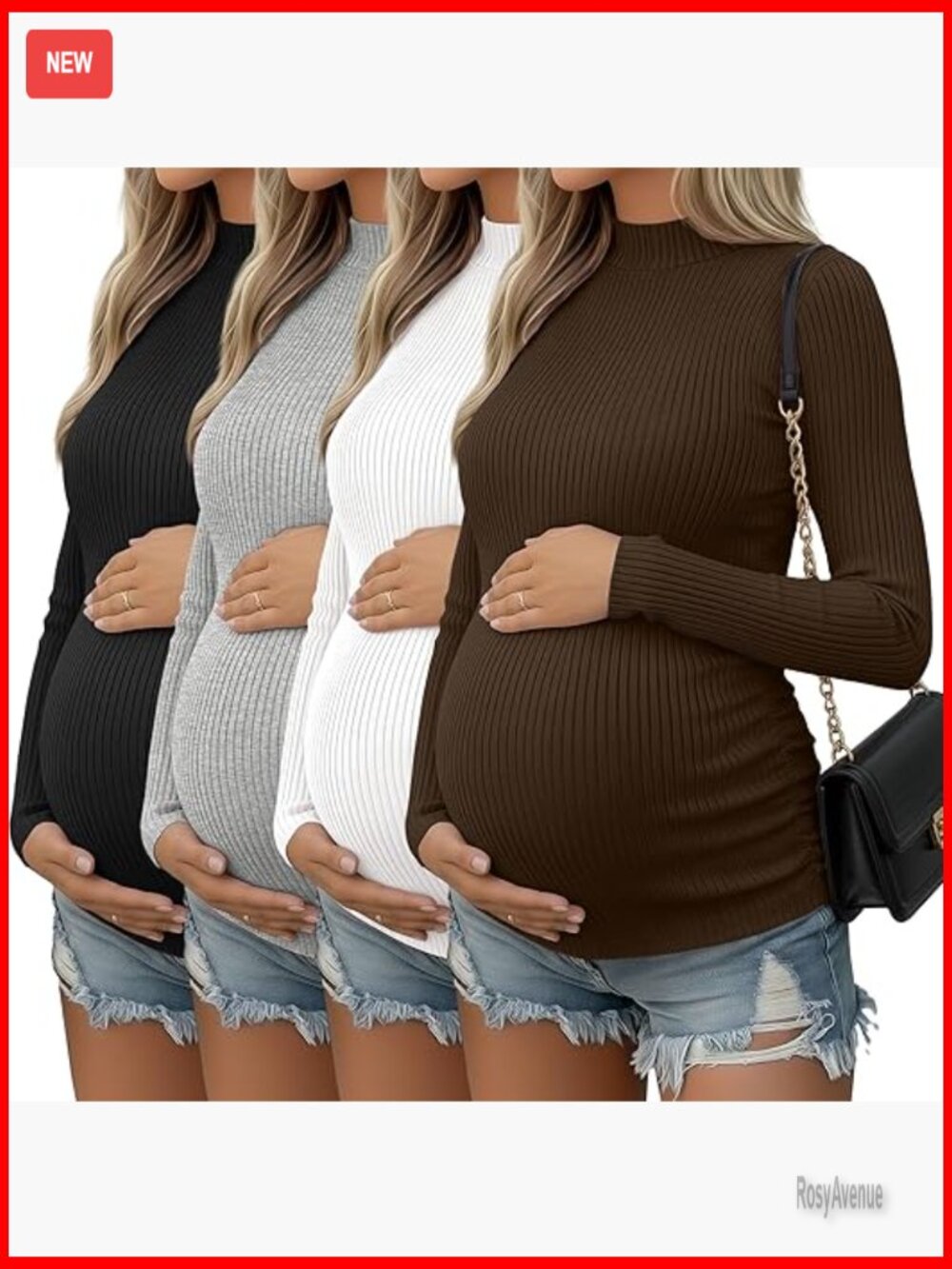 4 Pack Maternity Long Sleeve Tees Mock Neck Side Ruched Cotton Blend